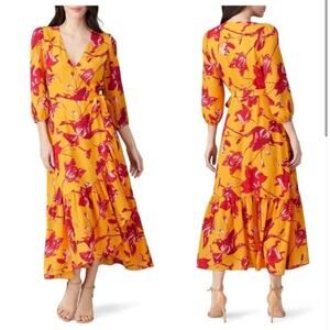 Color Me Courtney Eleanor Floral Print Yellow Wrap Midi Dress Size XS